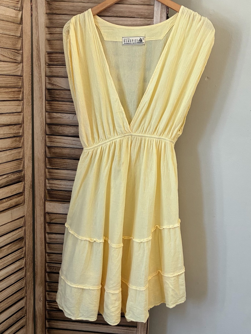 Sea Spice Butter Yellow Peruvian Cotton V-Neck Tiered Mini Dress XL